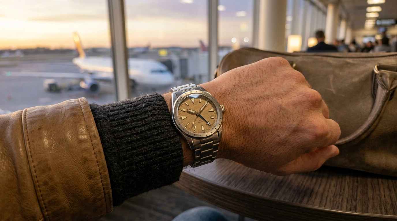 39mm Desert-Dial GMT Watch: Automatic & Travel-Ready
