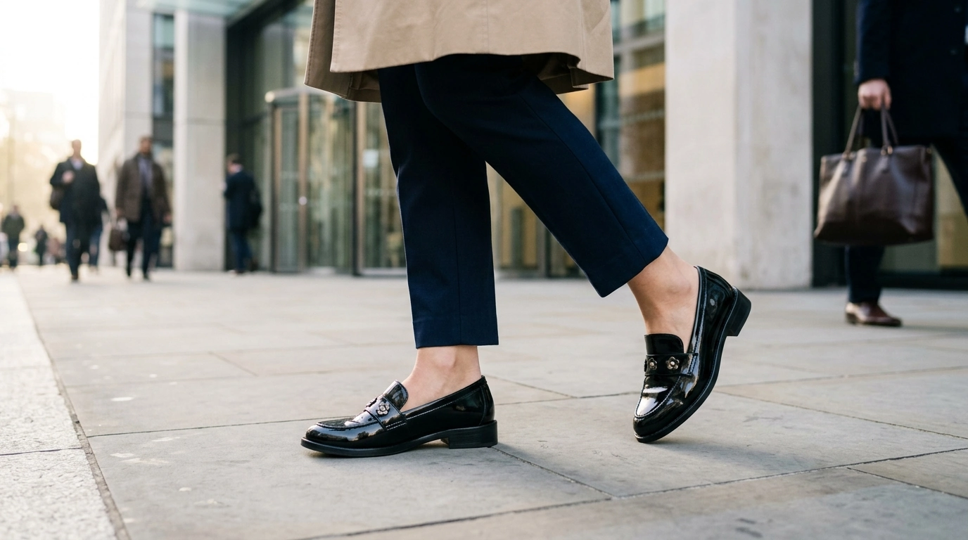 Glossy Rivet-Flower Patent Loafers (Round Toe, Low Heel)
